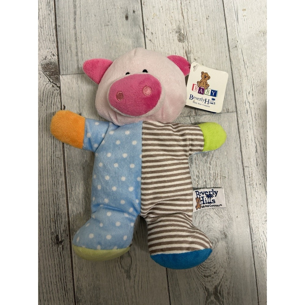 Beverly Hills Plush Pig W Rattle Multiple Colors Patterns Soft Baby Toy 10"